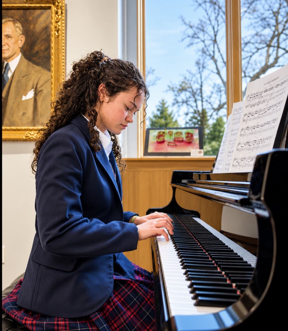 A Girls Division student playing piano beside sheet music in a sunlit room