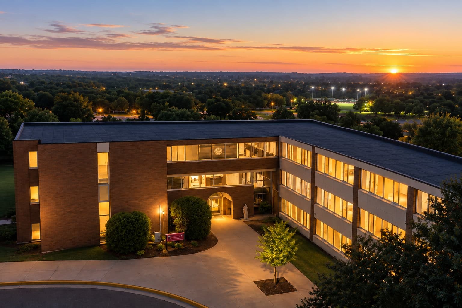 Residence building at dawn, with warm illuminated windows and the sun rising above the trees