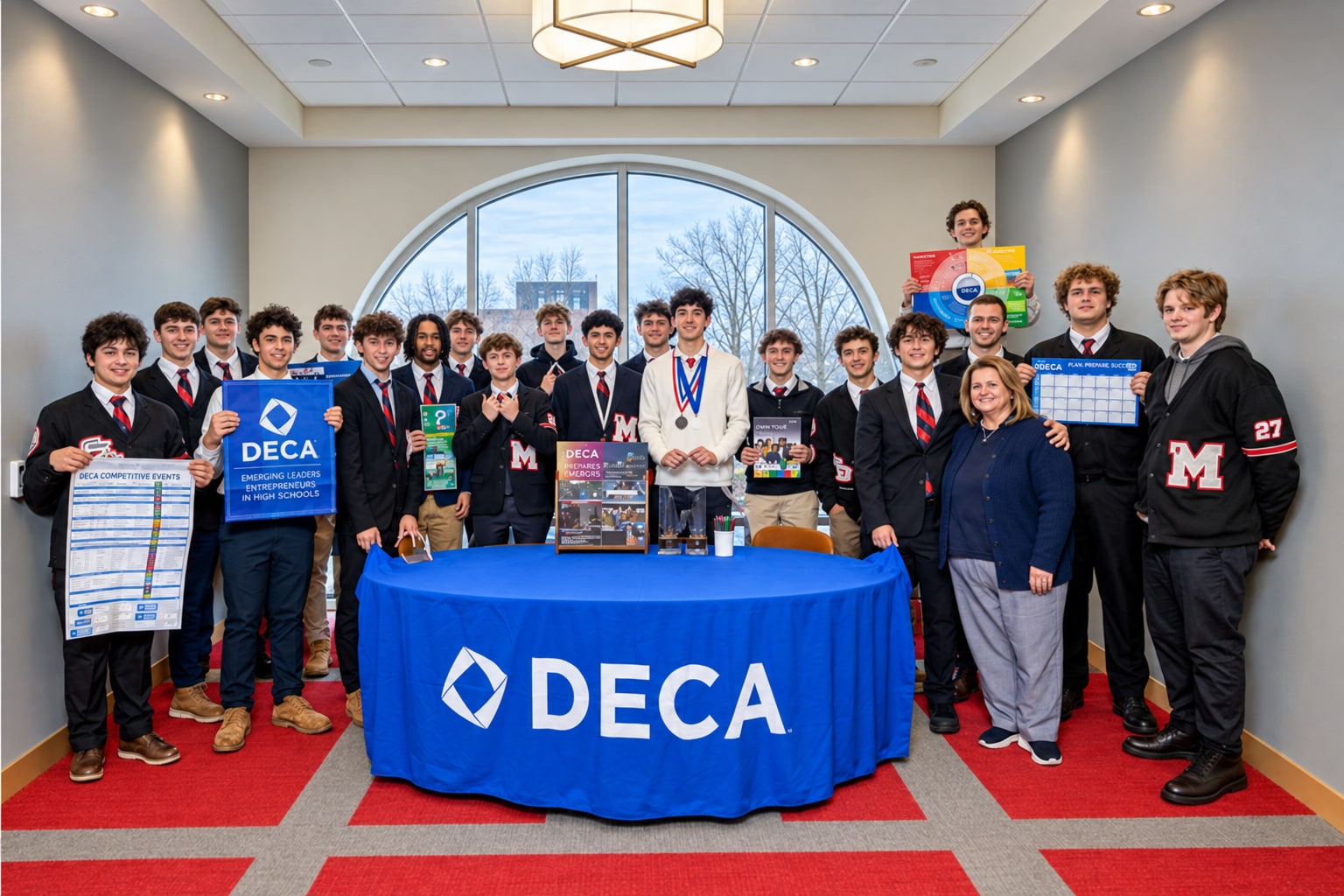 Students and adults gathered behind a blue DECA table, holding posters and awards