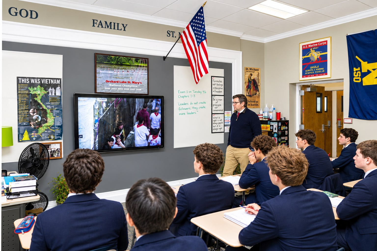 A teacher leading a classroom lesson as students watch and take notes