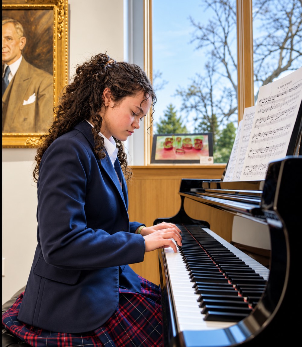 A Girls Division student playing piano beside sheet music in a sunlit room
