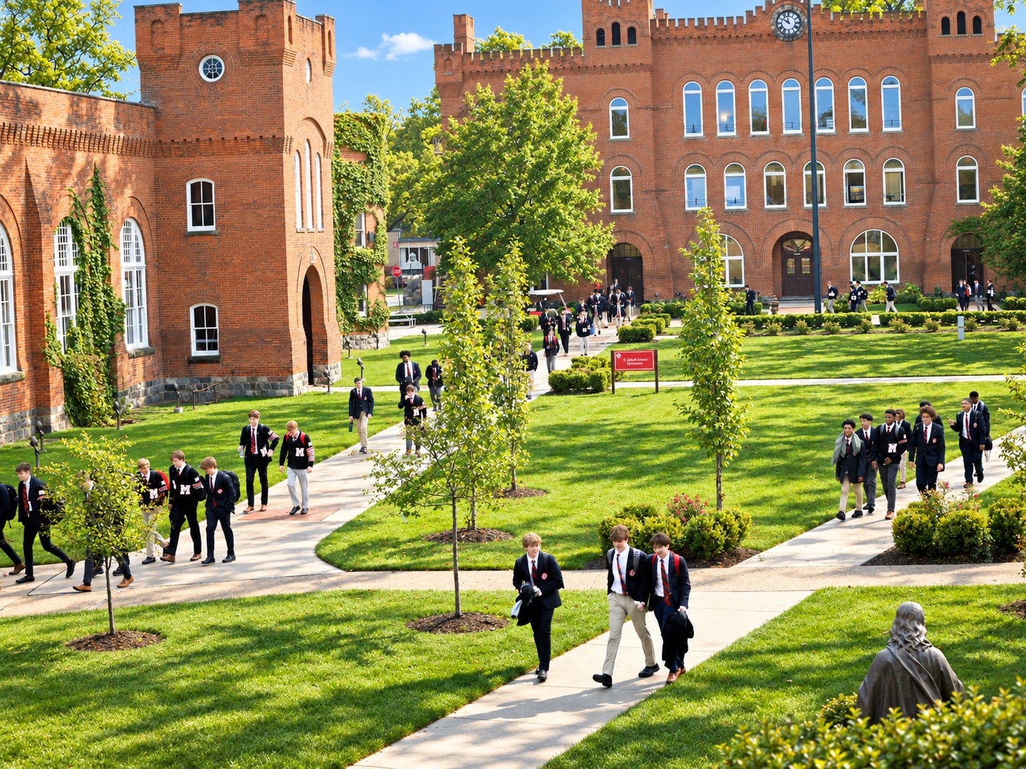 Students walking along campus paths between the red-brick school buildings
