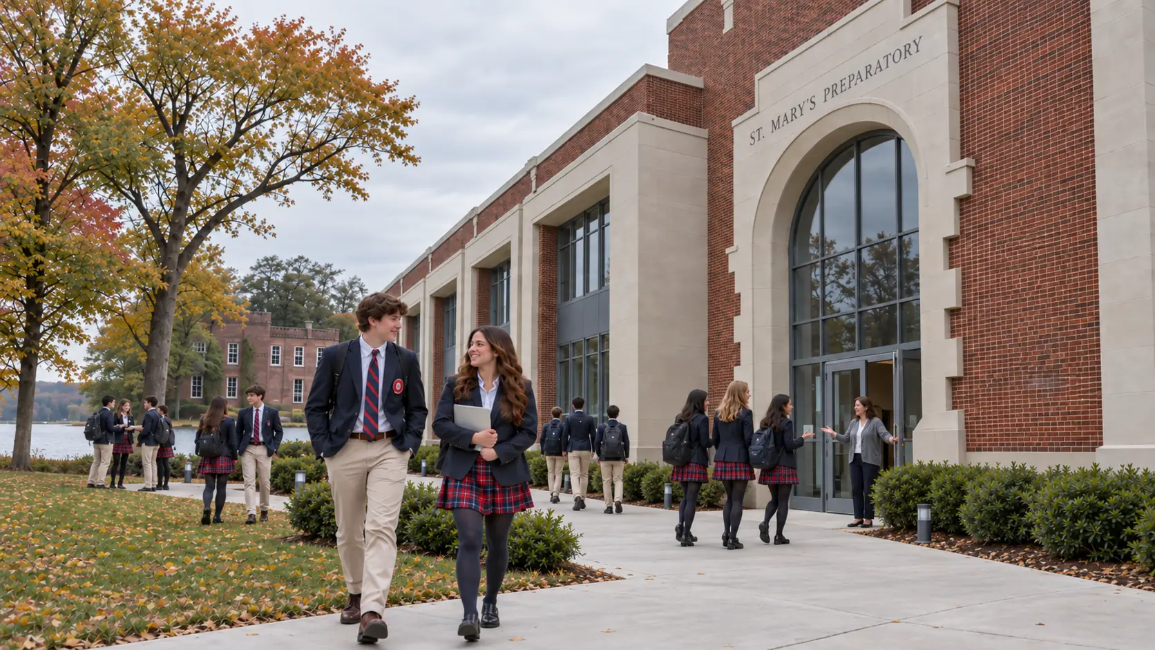 A boy and girl walking together outside the entrance to St. Mary’s Preparatory