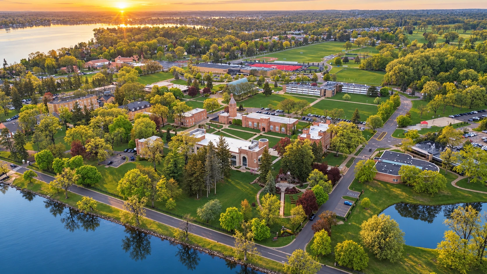 Aerial view of the St. Mary’s campus, surrounding lakes and athletic fields at sunset